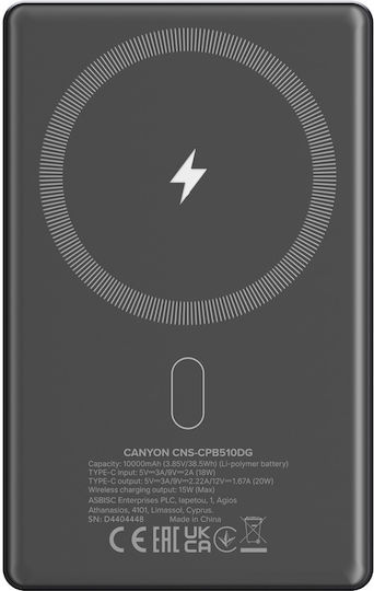 Canyon OnPower 510 MagSafe 10000mAh 20W με Θύρα USB-C Power Delivery Γκρι