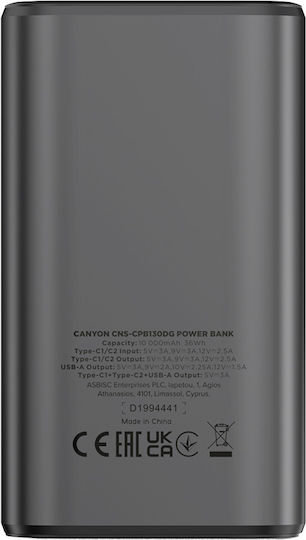 Canyon OnPower 130 10000mAh 30W με Θύρα USB-A και 2 Θύρες USB-C Power Delivery Dark Gray