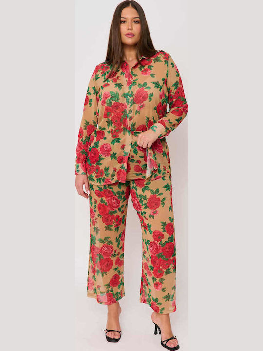 Women's Fabric Trousers with Elastic Floral Floral Print