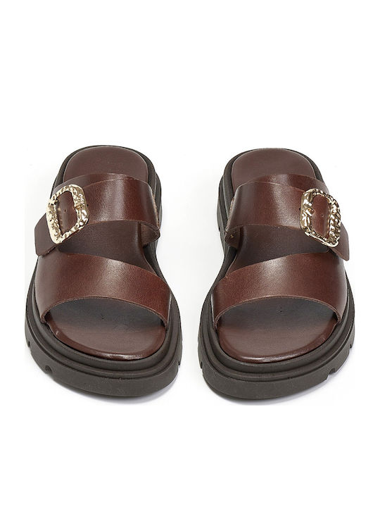 Leather Women's Flat Sandals Brown