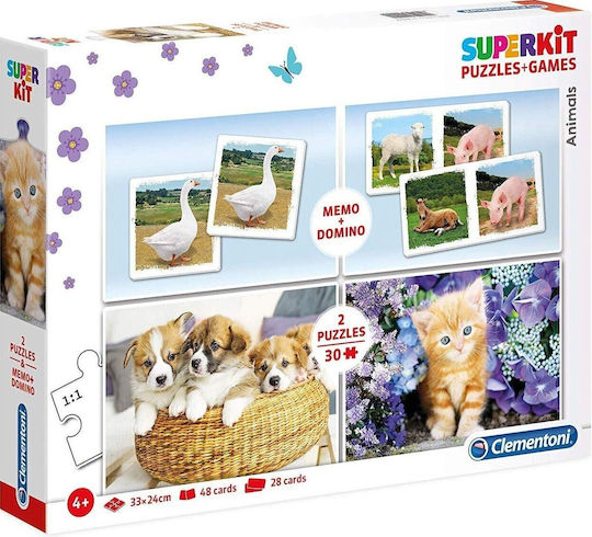 Board Game 4 in 1 2xPuzzle, Domino &Memo Animals for 1 Player 4+ Years Old Clementoni