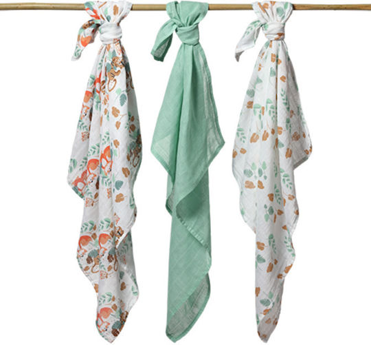 Babyono Muslin Swaddle Wraps Green Green 70x70cm. 3pcs