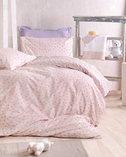 Rythmos Bettwäsche-Set Halb-Doppel Mit Gummizug Baumwolle Tiny Heart Symbol Somon 160x260cm 3Stück