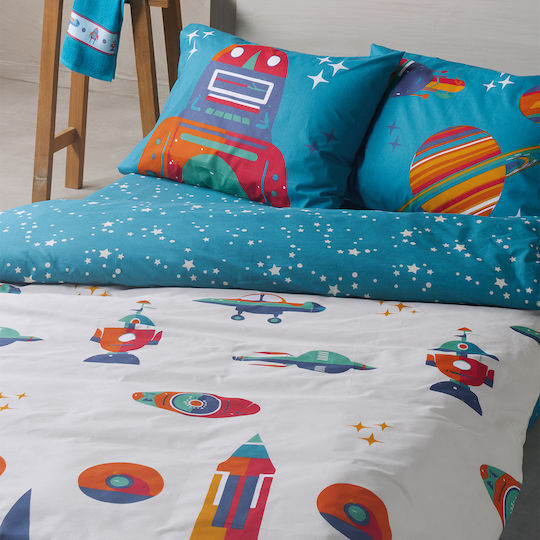 Kentia Σετ Σεντόνια Μονά Βαμβακερά Galactica Μπλε 160x270cm 3τμχ
