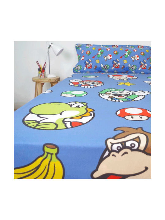 Nintendo Bettwäsche-Set Einzel aus Baumwolle & Polyester Super Mario Bros Blau 90x195cm 3Stück