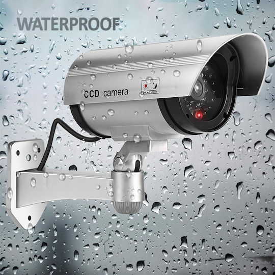 Fake Surveillance Camera Outdoor Indoor Flashing Red LED 360°/90° Rotation Waterproof AA Batteries Silver