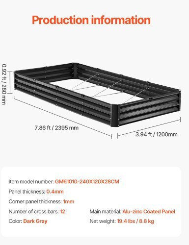 Vevor Topf Metallisch Dark Gray 243.84x121.92x30.48cm.
