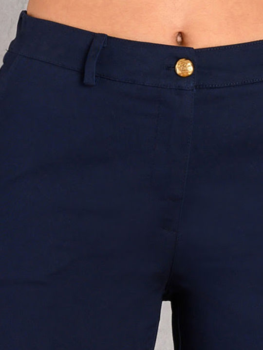 Women's Fabric Capri Trousers with Rubber Band in Straight Leg Style Blue