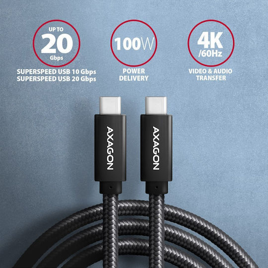 Axagon Braided USB 3.2 Video Cable USB-C male - USB-C 100W PD Μαύρο 0.5m