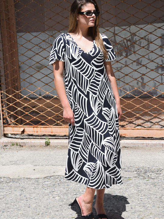 Summer Midi Dress with Ruffles Black and White
