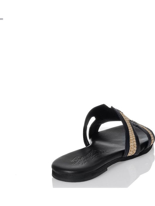 Leather Women's Flat Sandals in Black Color