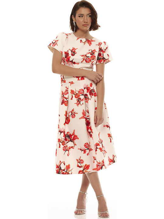 Set with High-waisted Midi Skirt Floral Red