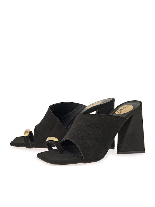 Suede Mules με Ψηλό Τακούνι σε Μαύρο Χρώμα