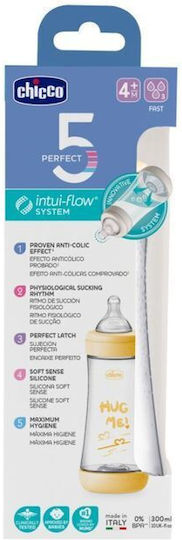 Chicco Plastic Baby Bottle Perfect 5 Anti-Colic with Silicone Nipple for 4+ months Yellow Hug Me - Yellow 300ml