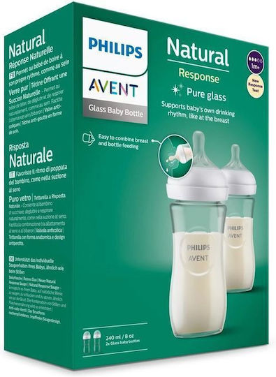 Philips Glass Baby Bottle Anti-Colic with Silicone Teat for 1+ Months White 240ml 2 Pieces