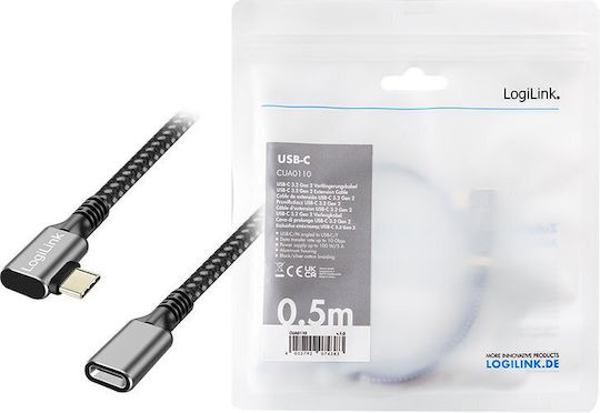 LogiLink Braided USB 3.2 Video Cable USB-C Male - USB-C Female 100W PD Black 0.5m CUA0110
