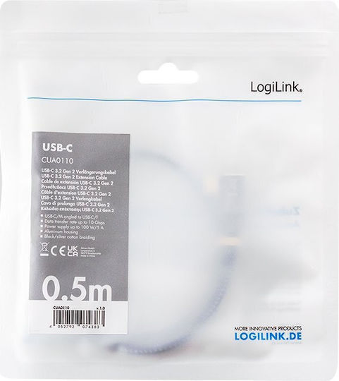 LogiLink Braided USB 3.2 Cable USB-C Male - USB-C Female 100W PD Black 1m