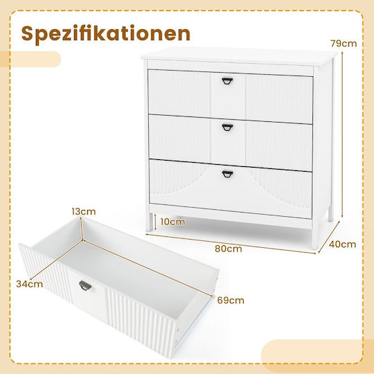 Wooden Chest of Drawers with 3 Drawers White 80x40x79cm