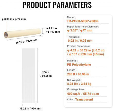 Vevor Carpet Protection Film 36" X 200' Self Adhesive Car Mat Protector Pe