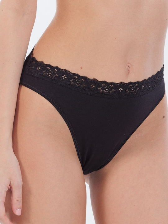 Βαμβακερό Ψηλόμεσο Γυναικείο Slip με Δαντέλα Black