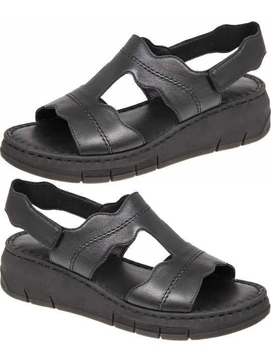 Leather Women's Flat Sandals in Black Color