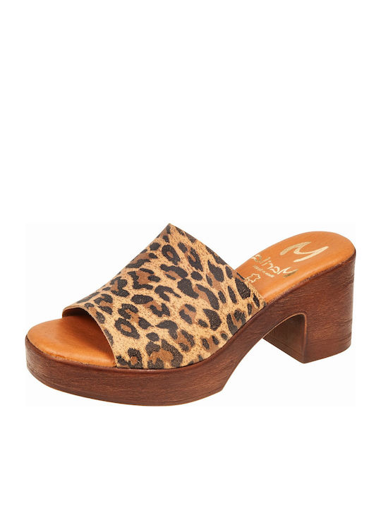 Leather Mules with Heel in Brown Color