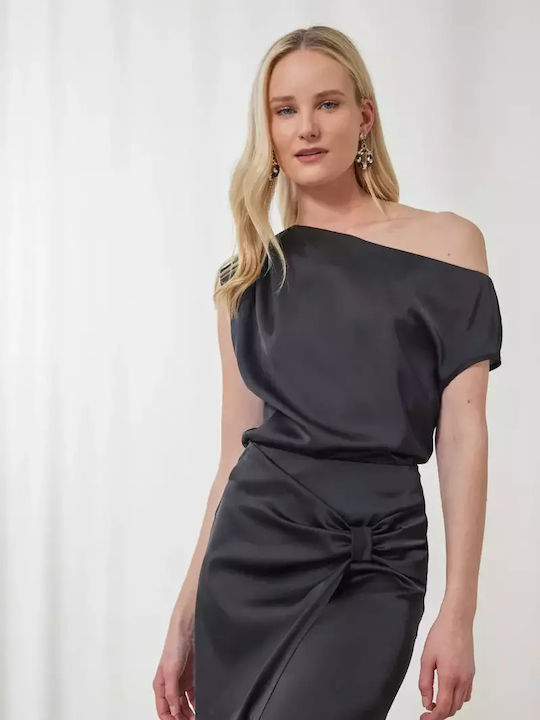 Satin Midi Skirt Envelope Black