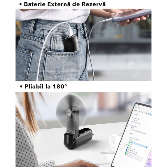 Ultra Portabil 3 În 1 Ventilator De Mână Birou Gât 3 Viteze Pliabil Baterie Portabilă 2000mah Autonomie 20h Skdr Airmini Negru