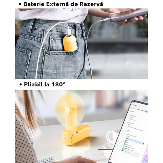 Ultra Portabil 3 În 1 Ventilator De Mână Birou Gât 3 Niveluri Viteză Pliabil Baterie Portabilă 2000mah 20h Autonomie Skdr Airmini Portocaliu