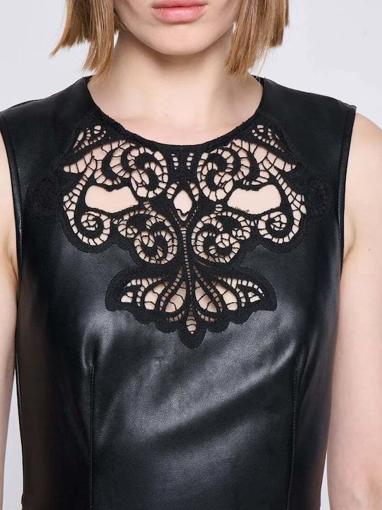 Mini Evening Dress Leather with Lace Black