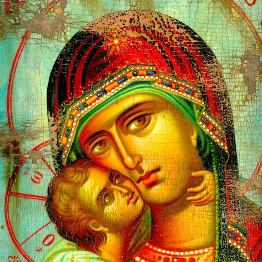 Wooden Icon Holy Mary Stuck Cloth of Iconography M56 28x19 Cm