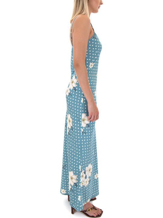 Summer Maxi Evening Satin Dress Ecru-Blue