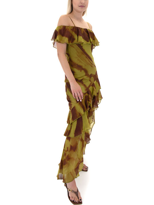 Summer Maxi Dress for Wedding - Christening Open Back Brown-Green