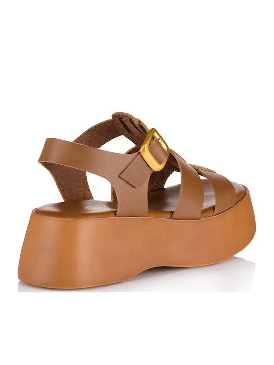 Δερμάτινα Γυναικεία Σανδάλια Flatforms Καφέ