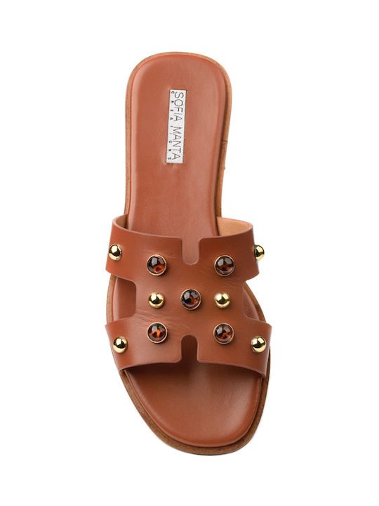 Leather Women's Flat Sandals in Brown Color
