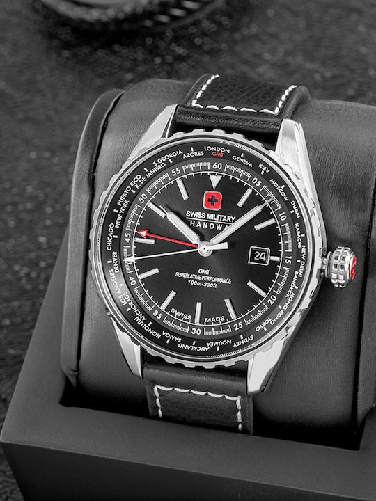 Swiss Military Hanowa Herrenuhr 42mm Batterie mit Schwarz Lederarmband