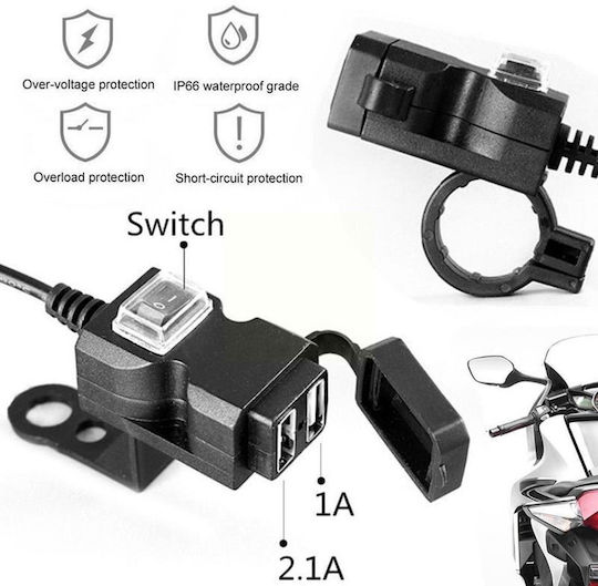 Waterproof Motorcycle Charger with Ports: 2xUSB