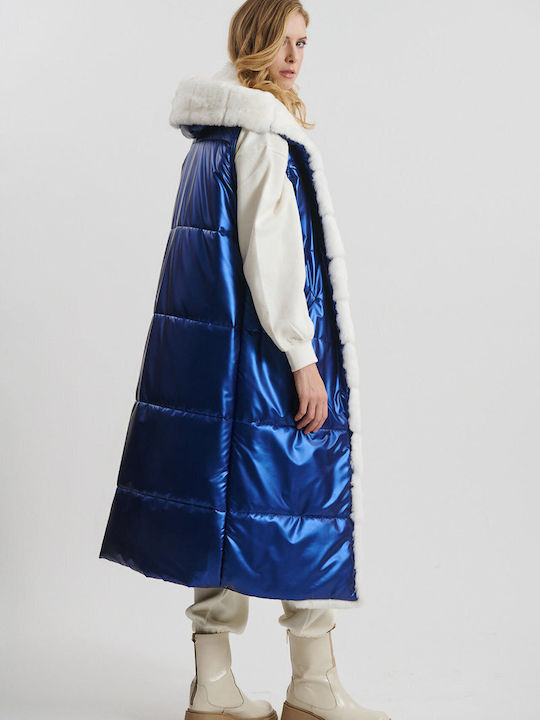 Damen Blau Kurzmantel mit Kapuze & Fellbesatz