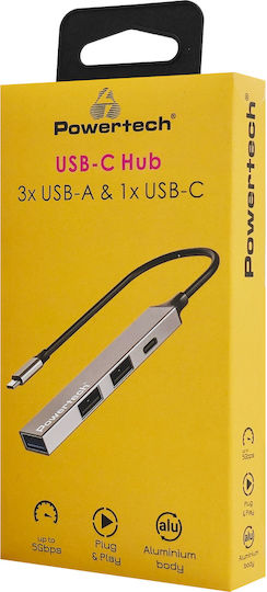 Powertech USB Хъб 4 Порта USB 3.2 с USB-C Връзка Сив