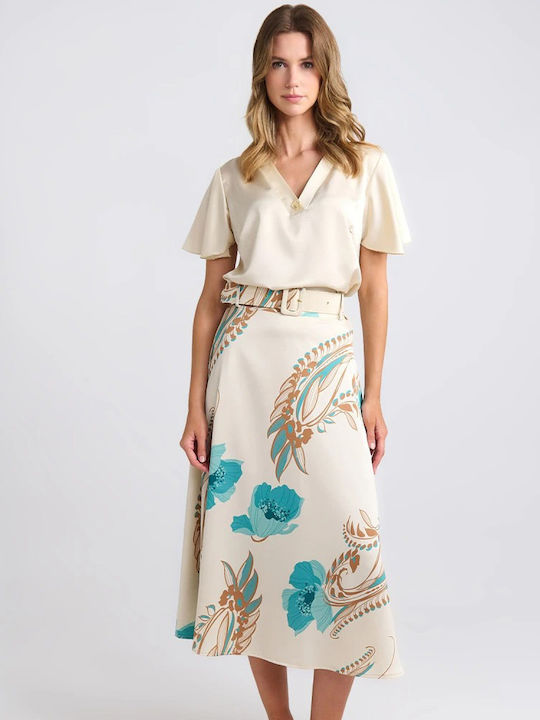 Women's Blouse Satin Short Sleeve with V Neckline Beige