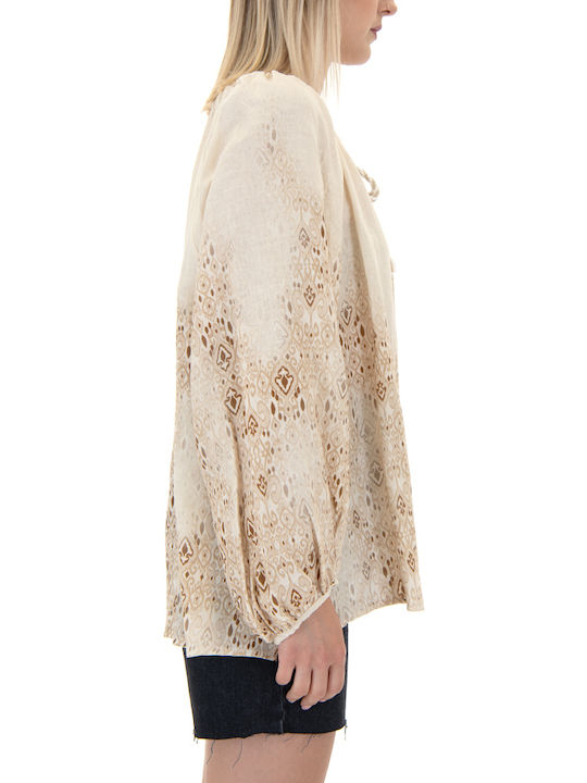 Women's Summer Blouse Cotton Long Sleeve Ecru, Brown, Beige
