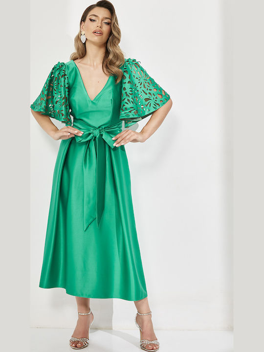 Rochie Midi De Vară Pentru Nuntă și Botez Din Satin Verde Cu Dantelă