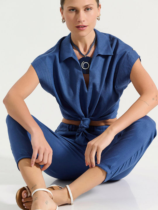 Women's Linen Trousers with Elastic Loose Fit Blue