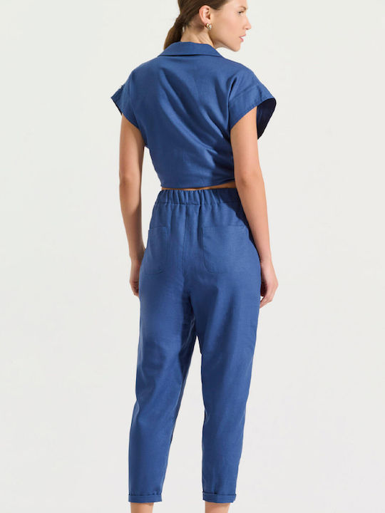 Women's Linen Trousers with Elastic Loose Fit Blue