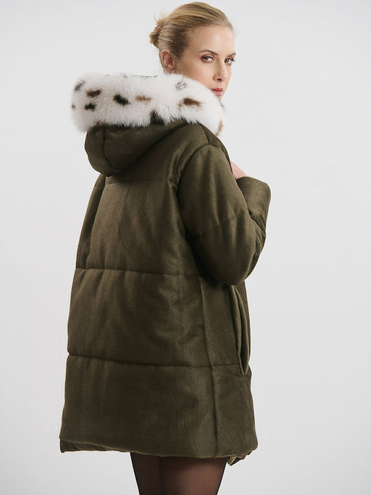 Women's Long Lifestyle Jacket for Winter with Detachable Hood Green