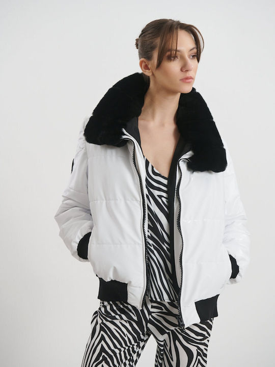 Women's Short Lifestyle Jacket Waterproof and Windproof for Winter White