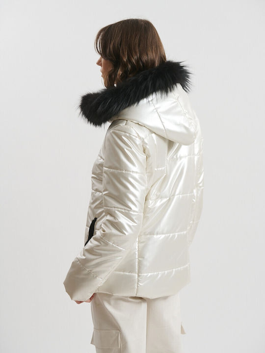 Women's Short Lifestyle Jacket Waterproof and Windproof for Winter with Detachable Hood Beige