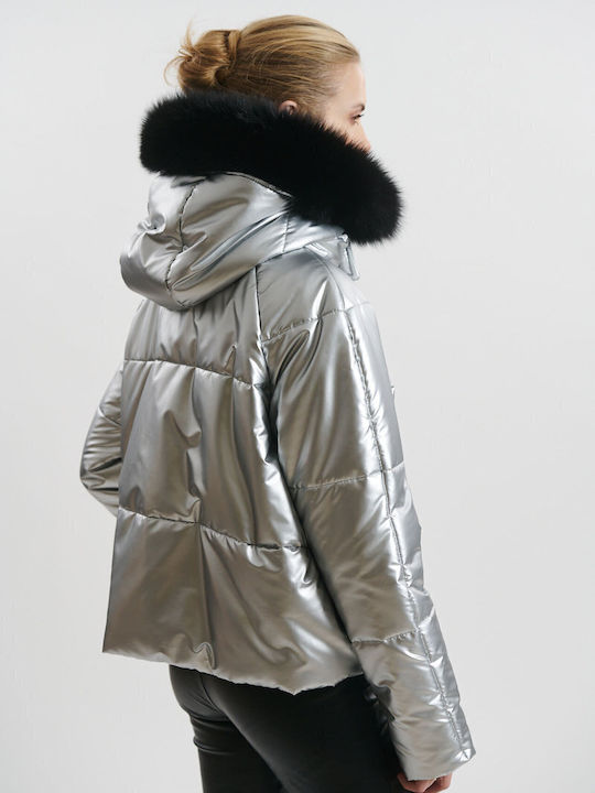 Short Women's Jacket for Winter Silver