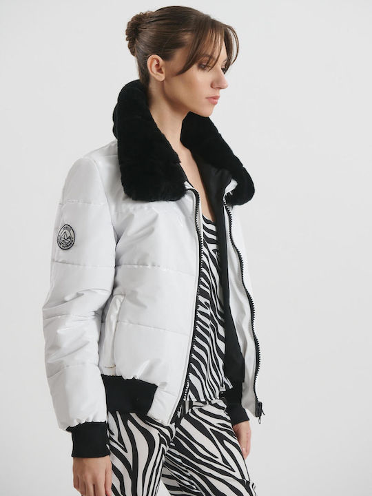 Women's Short Lifestyle Jacket Waterproof and Windproof for Winter White