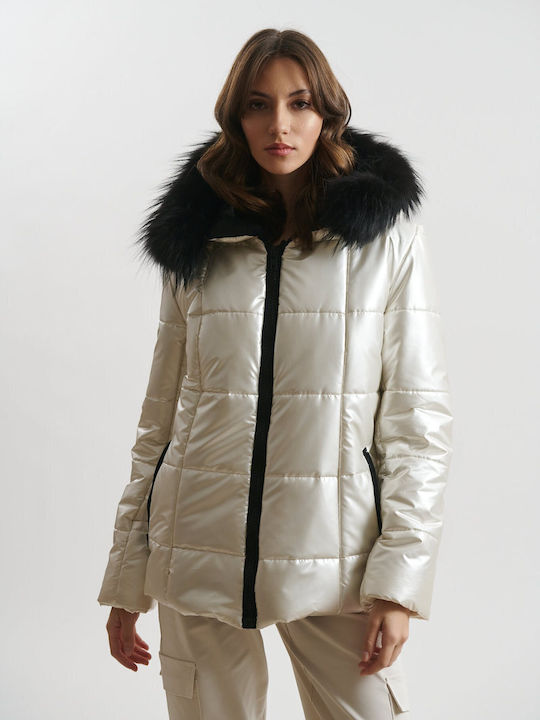 Women's Short Lifestyle Jacket Waterproof and Windproof for Winter with Detachable Hood Beige